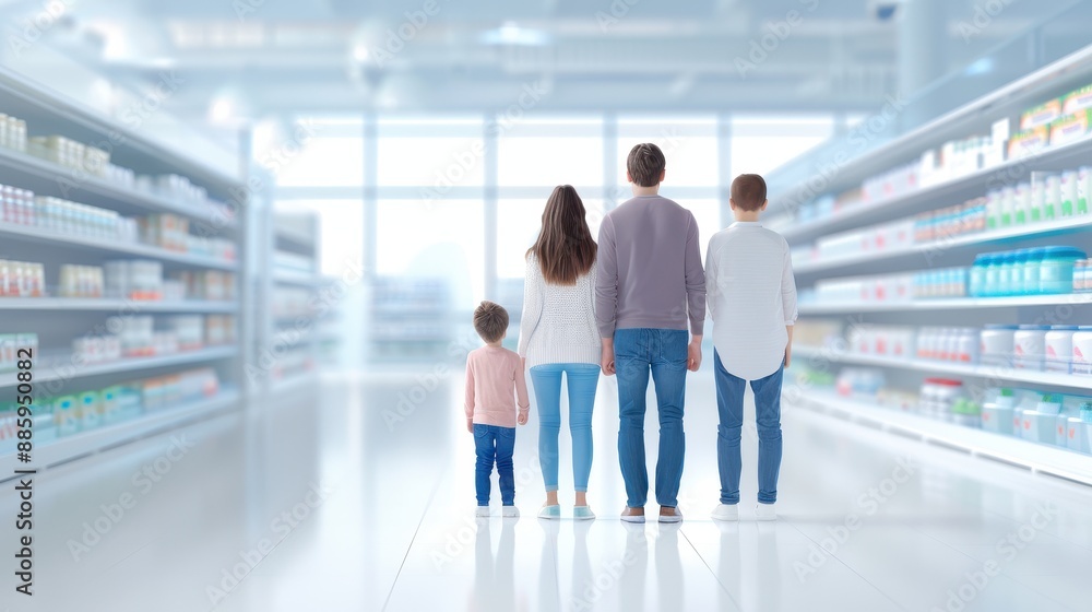 A family of four is standing in a grocery store aisle, looking at the shelves A family of four is standing in a grocery store aisle, looking at the shelves