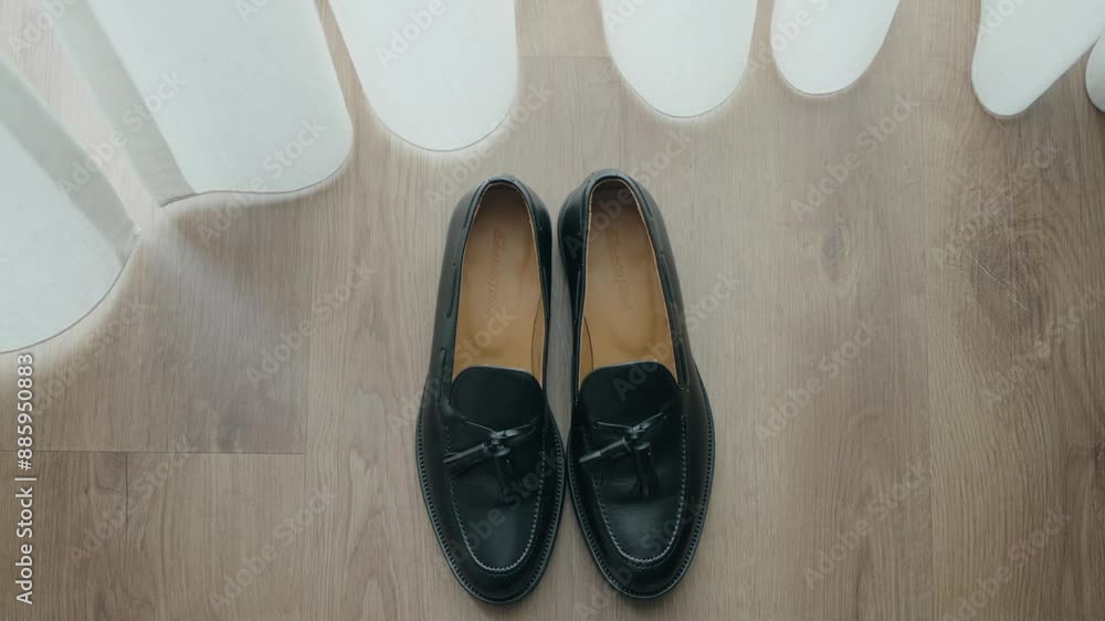 Pair of black leather shoes on a wooden floor, emphasizing classic elegance and simplicity Pair of black leather shoes on a wooden floor, emphasizing classic elegance and simplicity