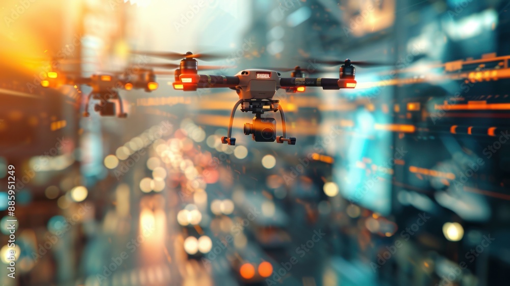 An aerial view of a bustling cityscape with multiple drones seen delivering packages to various high-rise buildings. An aerial view of a bustling cityscape with multiple drones seen delivering packages to various high-rise buildings.
