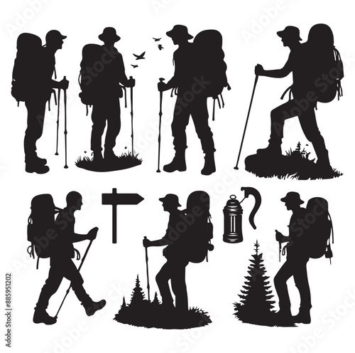 Hiking vector icons set with silhouette vector illustration.