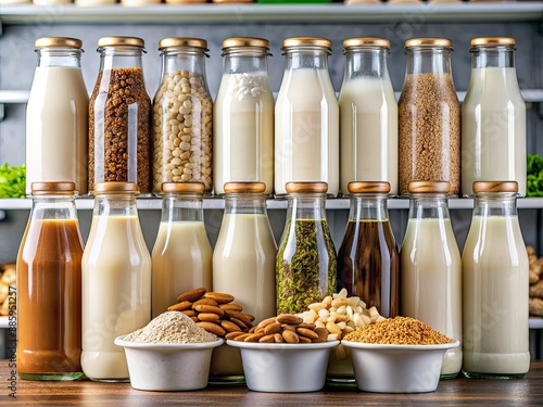 Assorted glass and plastic bottles of whole, skim, almond, soy, oat, and coconut milk occupy a well-stocked grocery store shelf in a colorful display. photo