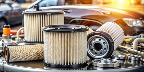 Sparkling white air filter and oil filter sit on a clean mechanic's background, surrounded by various car parts, emphasizing auto care and purification.