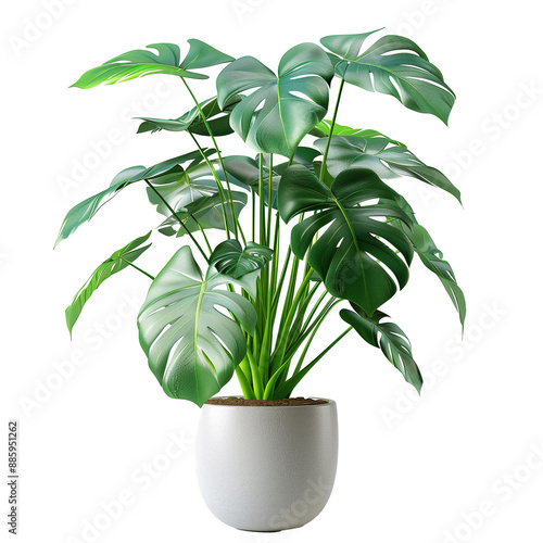 Lush potted monstera deliciosa plant with large green leaves and fenestrations photo