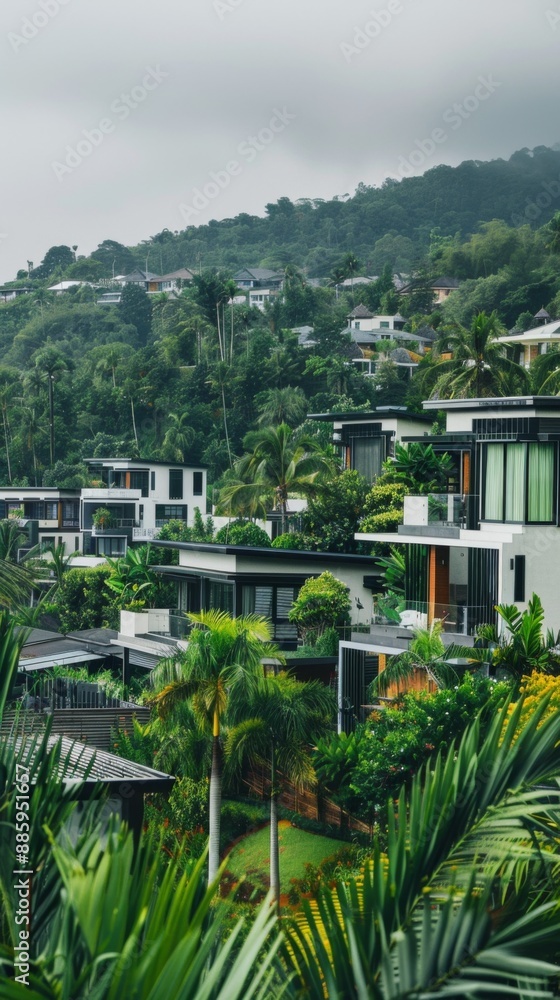 Fototapeta premium Serene Residential Oasis: Tranquil Modern Homes Amidst Lush Greenery, Set Against a Peaceful Gray Background