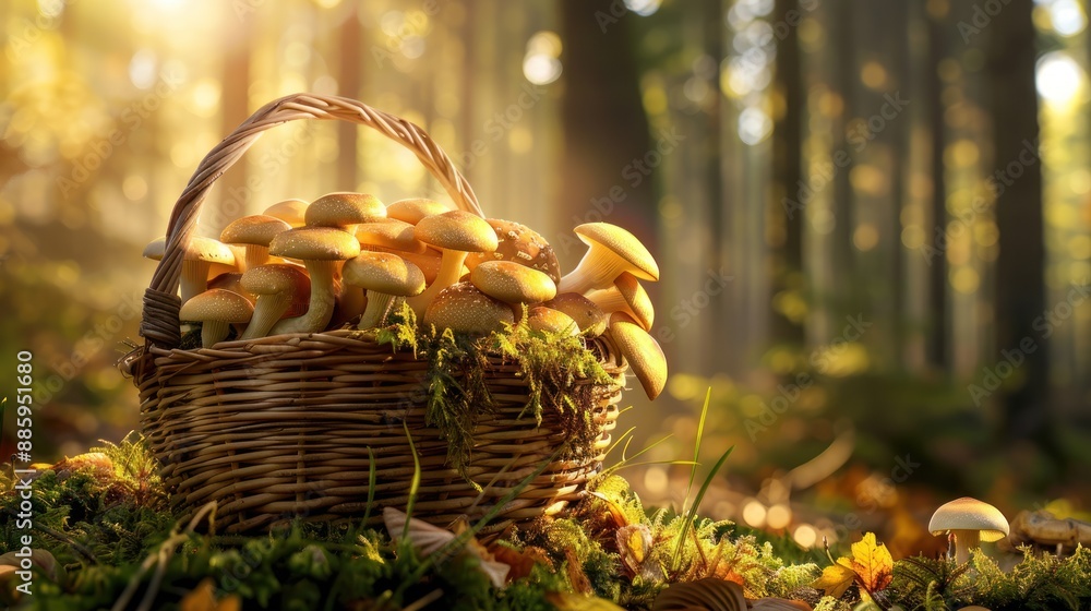 Basket of Mushrooms in a Sunlit Forest Basket of Mushrooms in a Sunlit Forest