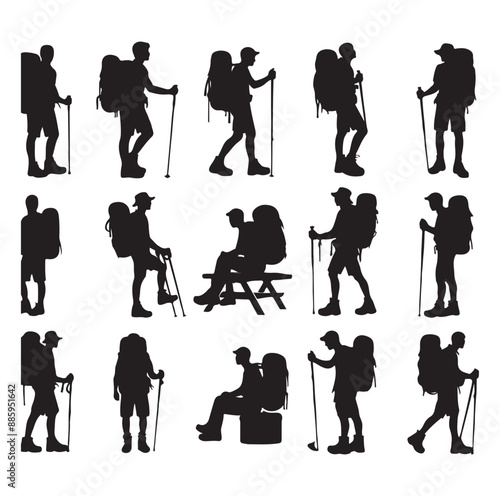 Hiking vector icons set with silhouette vector illustration.