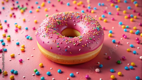 Colorful cartoon donut with bright pink frosting and sprinkles, resembling a smiling face, surrounded by a circle with modern minimalist design elements.