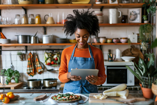 Young Afican American woman learning online cooking class via tablet computer in kitchen at home