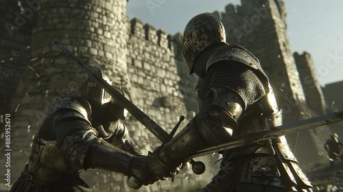 Two knights in full armor engage in a fierce sword fight in front of a medieval castle.