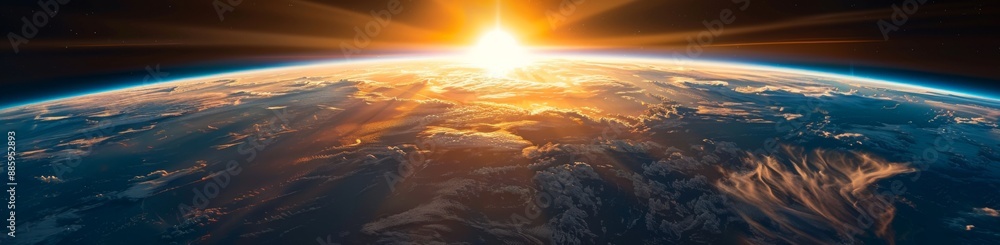 Fototapeta premium Spectacular Earth from Space: Sunrise or Sunset Capturing the Planet's Curvature and Vibrant Atmospheric Colors