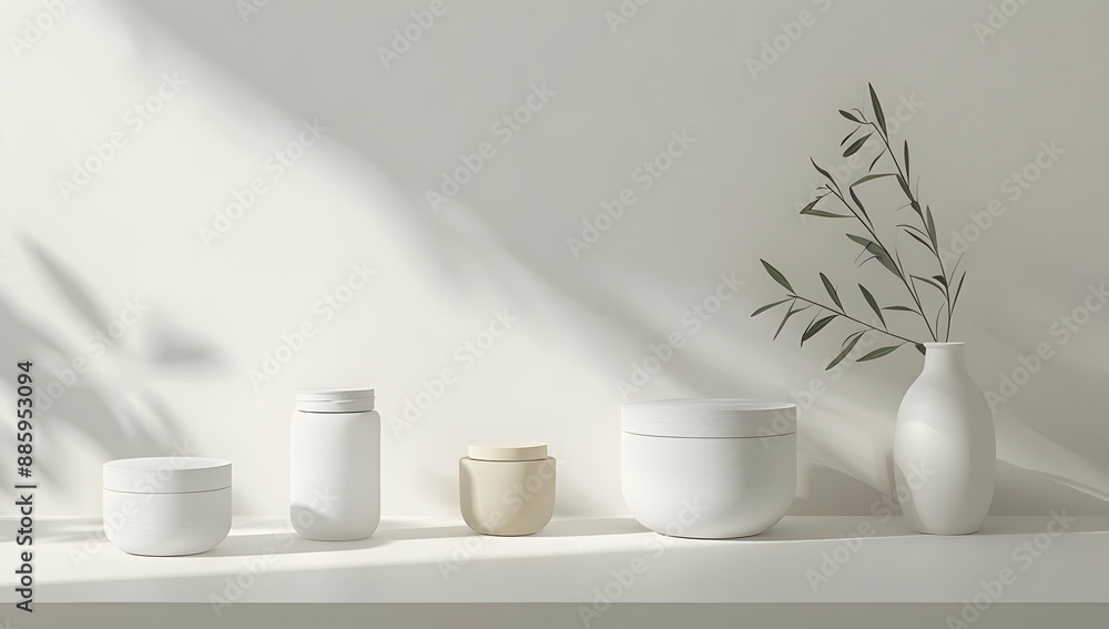 Minimalistic white ceramic containers and a vase with leaves on a white shelf in a bright, well-lit space. Minimalistic white ceramic containers and a vase with leaves on a white shelf in a bright, well-lit space.