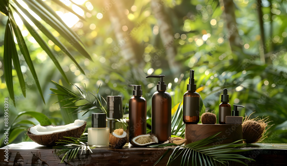 Natural skincare and beauty products on a wooden surface, surrounded by tropical foliage, with sunlight streaming through the trees. Natural skincare and beauty products on a wooden surface, surrounded by tropical foliage, with sunlight streaming through the trees.