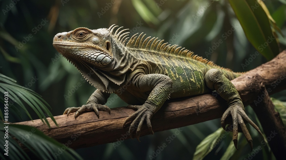 Exotic Iguana Relaxing on Tree Branch in Jungle Exotic Iguana Relaxing on Tree Branch in Jungle