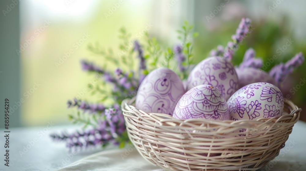 Easter Eggs in a Basket with Lavender Easter Eggs in a Basket with Lavender