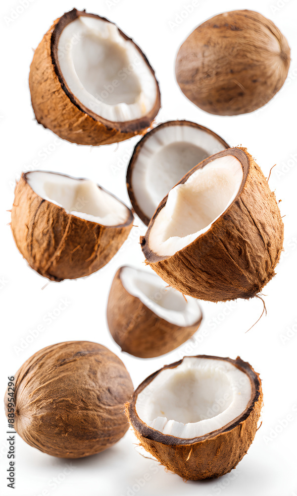 Flying delicious coconuts, isolated on white background, clipping path, full depth of field Flying delicious coconuts, isolated on white background, clipping path, full depth of field