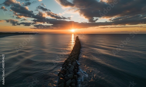 Fototapeta Naklejka Na Ścianę i Meble -  Breakwater in the Baltic Sea at sunset, Poland. Long exposure.