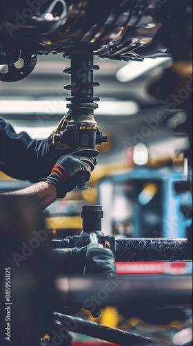 Auto mechanic works on auto suspension repair in auto repair shop. Change parts Check the distance of the car Inspect and maintain the concept