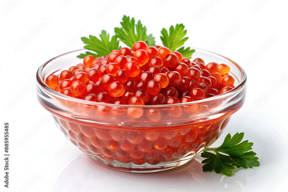 Red caviar in glass bowl on isolate white background, Clipping path Red caviar in glass bowl on isolate white background, Clipping path