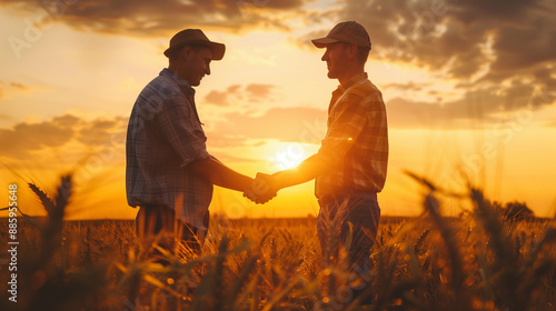 Two farmers shaking hands in corn field