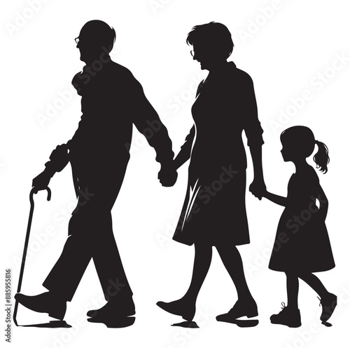 Child enjoying with grandfather and grandmother silhouette vector illustrator design.