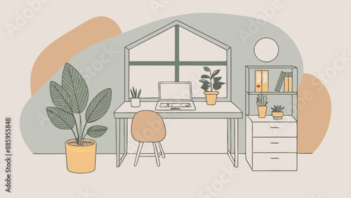 Oficina en casa con plantas, espacio confortable y tranquilo