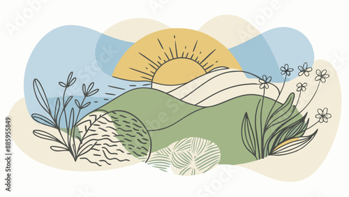Amanecer en el campo, vector de naturaleza