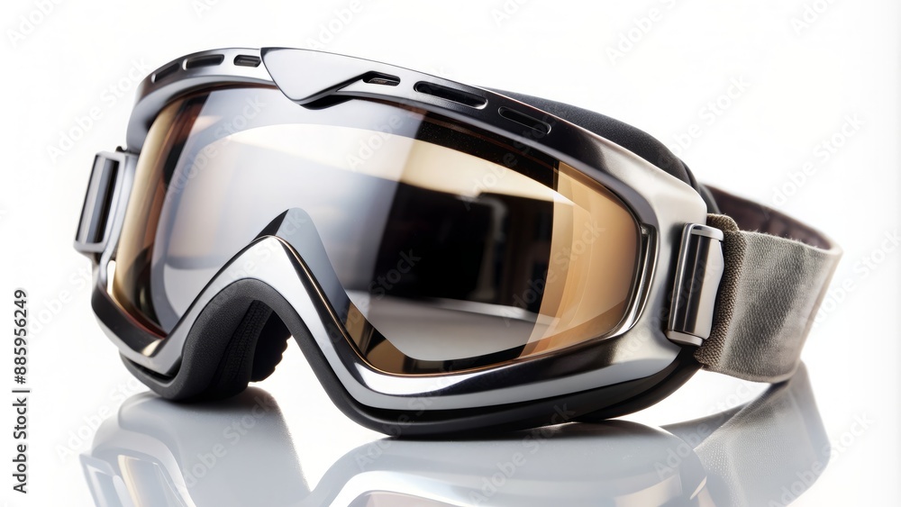 Close-up of sleek, shiny, black and silver ski goggles lying isolated on a pure white background with subtle reflections. Close-up of sleek, shiny, black and silver ski goggles lying isolated on a pure white background with subtle reflections.