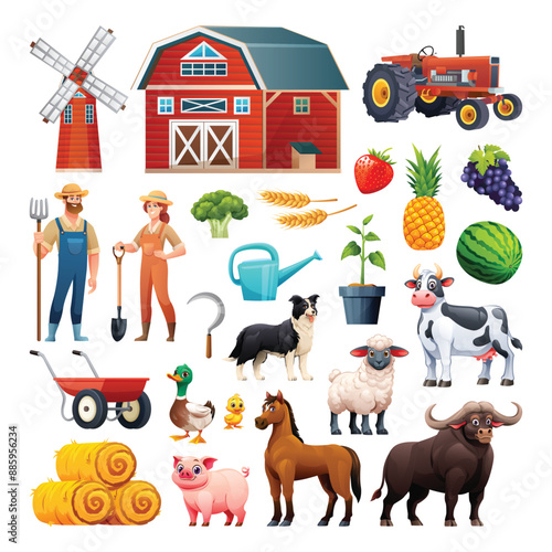Set of farm elements with barn, farmers, tractor, animals, and crops. Vector cartoon illustration