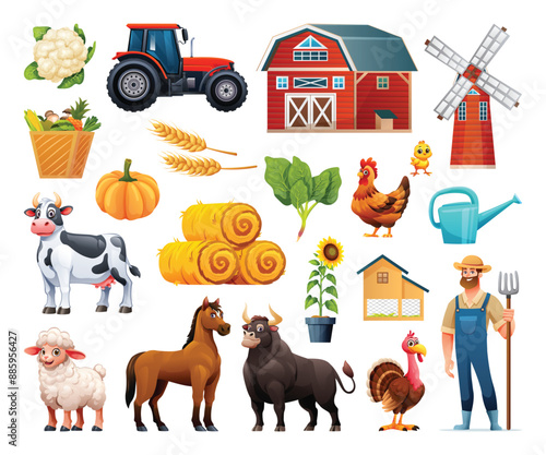 Set of farm elements including barn, windmill, tractor, animals, and crops. Vector cartoon illustration
