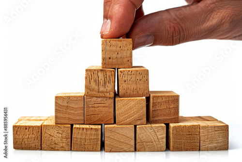 Business growth success achievement concept, hand arranging wooden block stacking as step stair or ladder for planning development leadership and customer target group concept