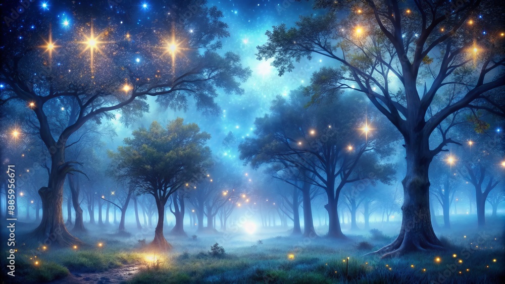 Enchanting nocturnal blue forest landscape with twinkling ethereal lights, shimmering fog, and ancient misty trees under a starry night sky. Enchanting nocturnal blue forest landscape with twinkling ethereal lights, shimmering fog, and ancient misty trees under a starry night sky.