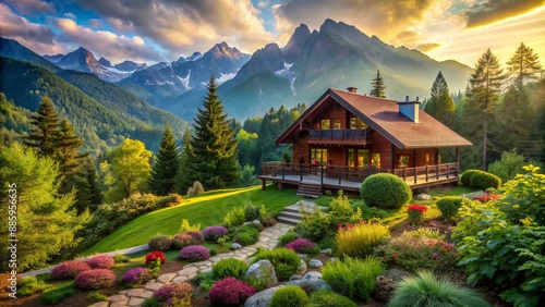 Serene hilltop cottage nestled among vibrant greenery and majestic mountains, exuding tranquility and inviting relaxation in nature's splendor. photo