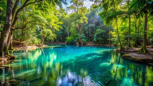 Serene turquoise pool surrounded by lush greenery and towering trees in Ban Tha Chang spring's tranquil natural landscape Thailand.