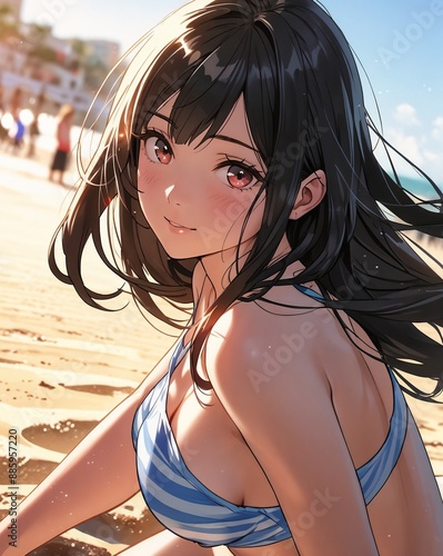 Charming bright girl with long black hair, bright red eyes, culottes, refreshing bikin warm sun kissing her fair skin and the soft sand at her feet