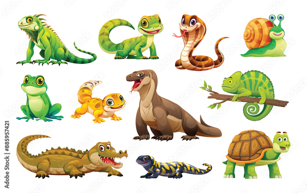 Obraz premium Set of reptiles and amphibians including iguana, gecko, and snake. Vector cartoon illustration