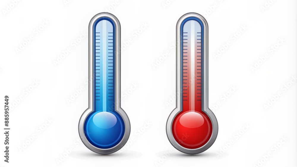 Stylized thermometer icon with cold and heat elements, contrasting colors, and sleek design, isolated on a clean white background. Stylized thermometer icon with cold and heat elements, contrasting colors, and sleek design, isolated on a clean white background.