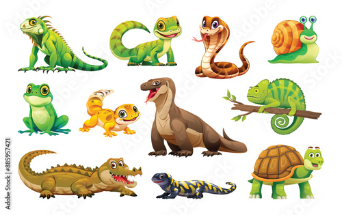 Set of reptiles and amphibians including iguana, gecko, and snake. Vector cartoon illustration