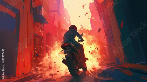 Motorcycle rider dodging an explosion in a narrow alley, dramatic lighting,