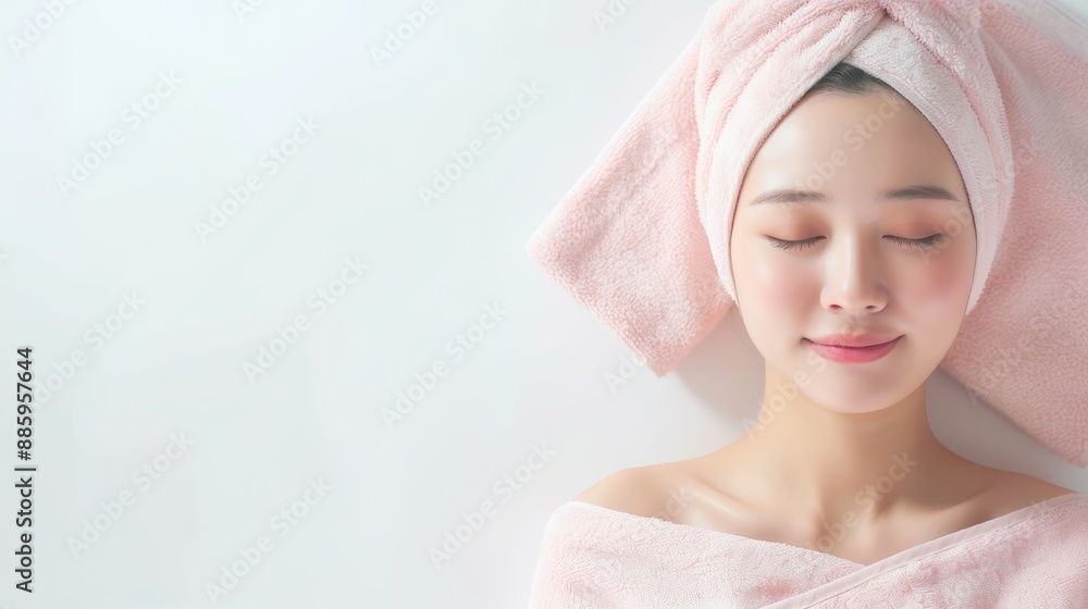 Smiling woman with towel turban, fresh skin glowing after spa treatment Smiling woman with towel turban, fresh skin glowing after spa treatment