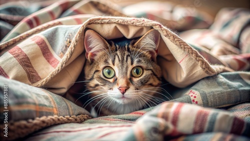 Adorable feline peeking out from beneath rumpled bedding, whiskers twitching, eyes sparkling with mischief, surrounded by soft, inviting textiles. photo