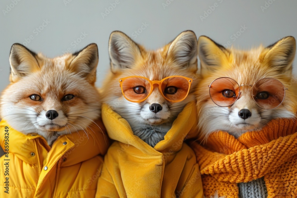 Obraz premium Foxy Fashionistas: A Colorful Group of Foxes in Vibrant Outfits, Isolated on Solid Background with Copy Space for Advertisements or Birthday Party Invites