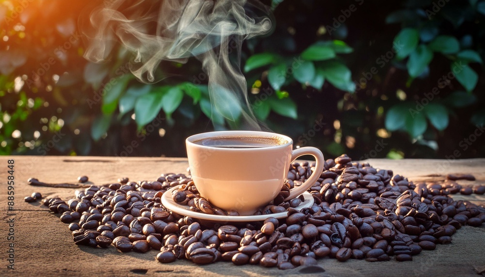 coffee cup with hot steam smoke and roasted coffee beans around3 coffee cup with hot steam smoke and roasted coffee beans around3