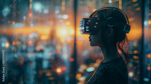 A person wearing a virtual reality headset in a futuristic office, interacting with floating holographic data displays, city skyline visible through the window, sleek modern high-tech environment.