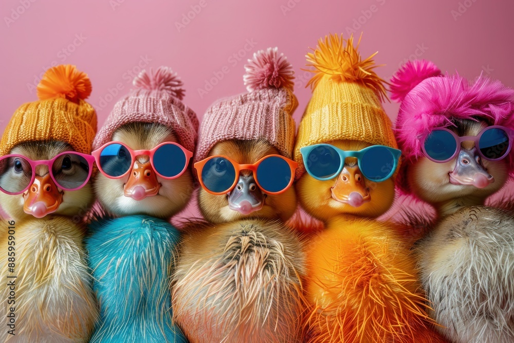 Fashionable Ducks in Vibrant Outfits for Birthday Party Invite with Copy Space on Solid Background Fashionable Ducks in Vibrant Outfits for Birthday Party Invite with Copy Space on Solid Background