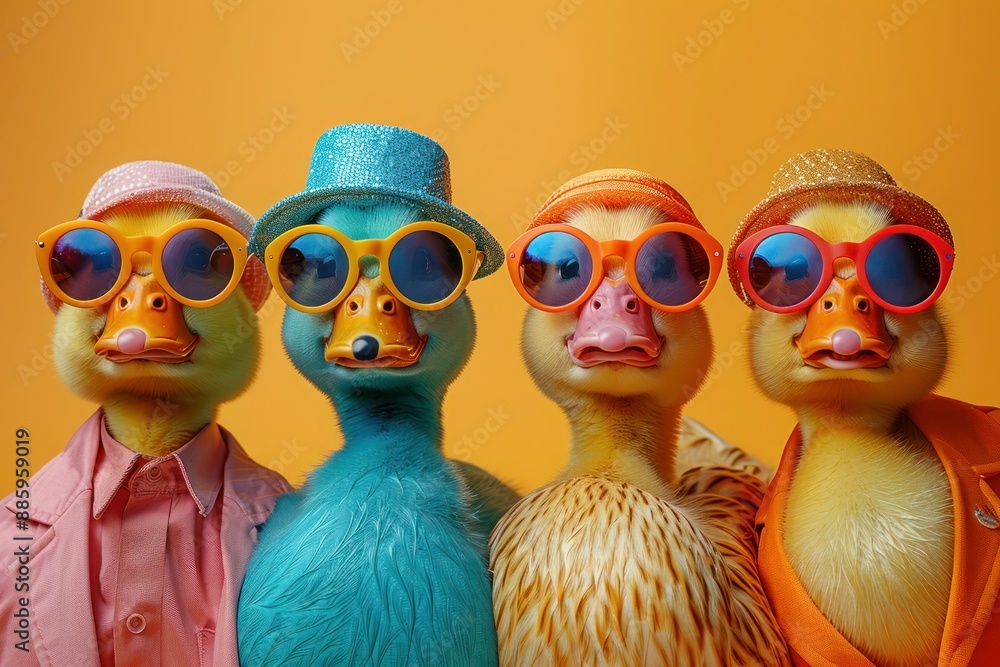 Fototapeta premium Fashionable Ducks in Vibrant Outfits for Birthday Party Invite with Copy Space on Solid Background