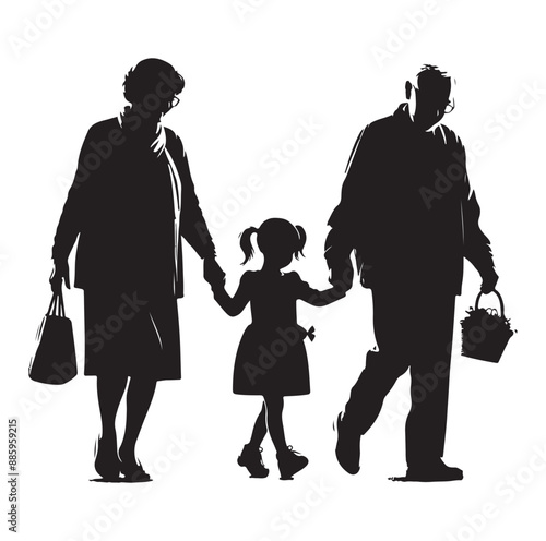 Child enjoying with grandfather and grandmother silhouette vector illustrator design.