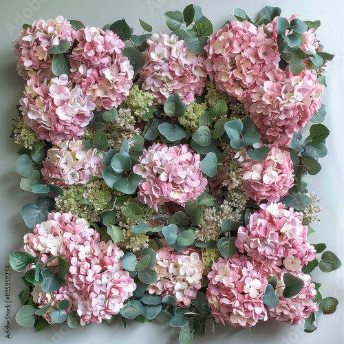 A square frame overflows with a profusion of flowers. Fluffy pink hydrangea blossoms jostle for space with eucalyptus branches dotted with fragrant green leaves, creating a sense of overflowing abunda photo