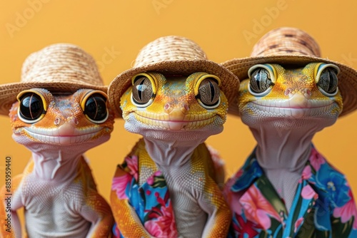 Colorful Gecko Group in Fashionable Outfits for Birthday Party Invite with Copy Space on Isolated Background