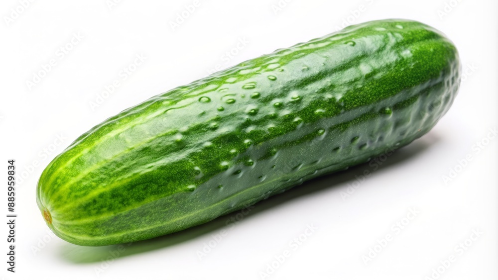 A freshly sliced green cucumber lies alone on a clean, white, minimalist background, with subtle shadows and natural lighting effects. A freshly sliced green cucumber lies alone on a clean, white, minimalist background, with subtle shadows and natural lighting effects.
