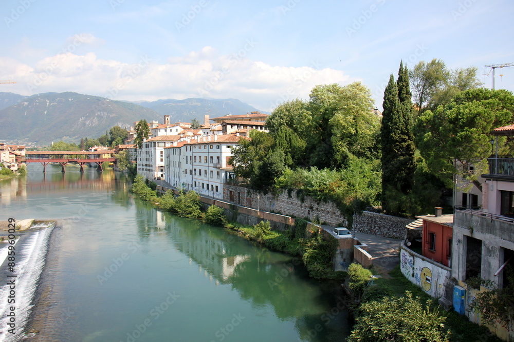 Fototapeta premium Bassano del Grappa Italy 09/11/2023. The city is located among the mountains and hills of the Veneto, on the banks of the Brenta River.